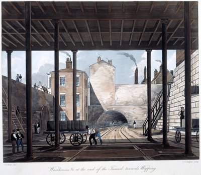 Lagerhäuser und Werke am Ende des Tunnels in Richtung Wapping, graviert von S.G. Hughes, 1831 von Thomas Talbot after Bury
